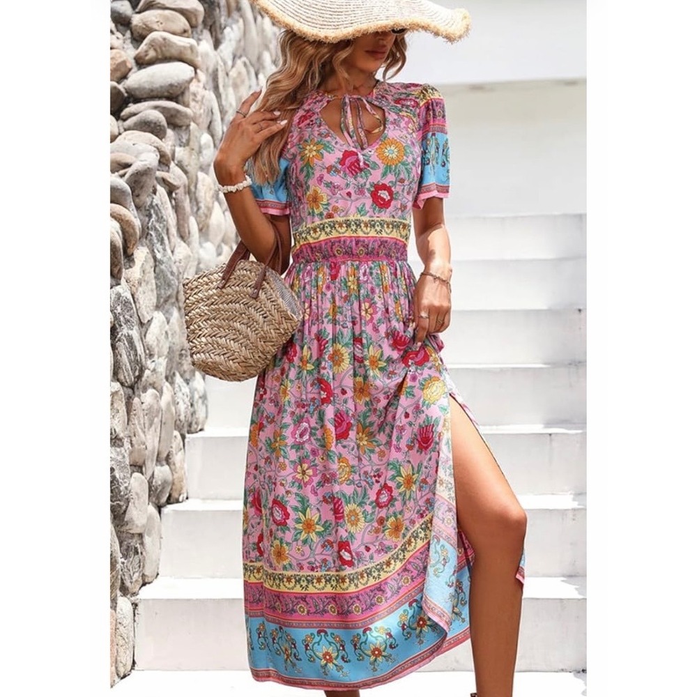 NEW Beachsissi Pink Floral Dress Bohemia Knot Front Split Side Maxi Dress Beach